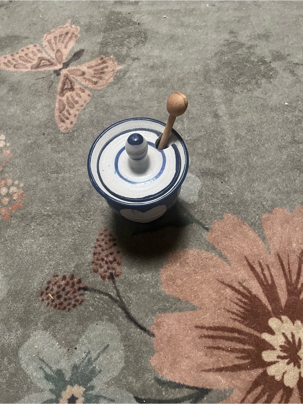 Blue and White Ceramic Honey Pot with Wooden Dipper